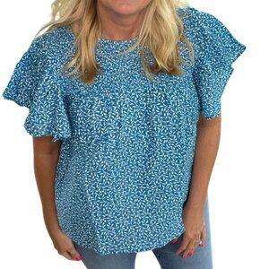 NEW M LuLaRoe Maddy Flutter Sleeve Smock Top Floral Blue Shirt Short Sleeve
